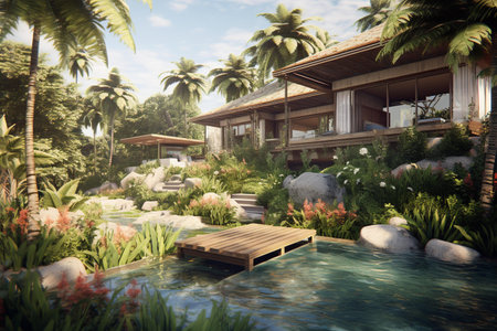 3D rendering of a beautiful tropical villa in the tropicsの素材