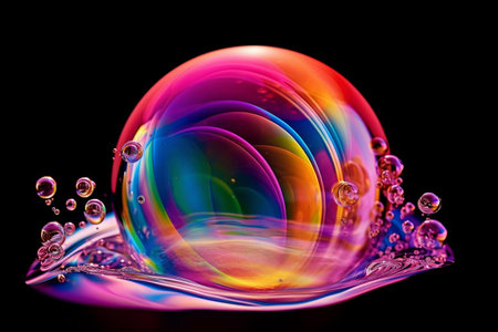 Colorful soap bubbles on a black background. Abstract colorful background.の素材