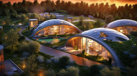 3d render of modern villa with swimming pool at night.の素材