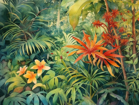 Watercolor painting of tropical flowers in the jungle. Exotic backgroundの素材