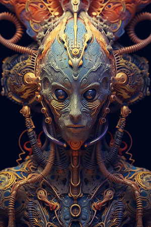 3D illustration of a fantasy warrior in armor, close-upの素材