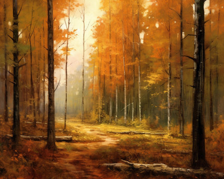 Digital painting of a forest path in autumn, with trees in the backgroundの素材