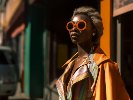 fashionable african american woman in sunglasses on street of cityの素材