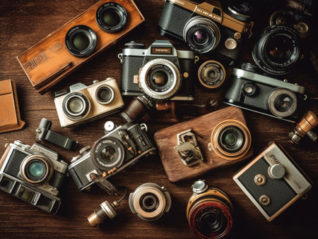 Vintage camera on wooden background. top view Flat lay.の素材