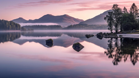 Panoramic view of Loch Lomond in Scotland at sunriseの素材
