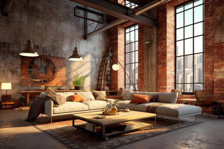 Modern loft living room interior design. 3D render concept design.の素材