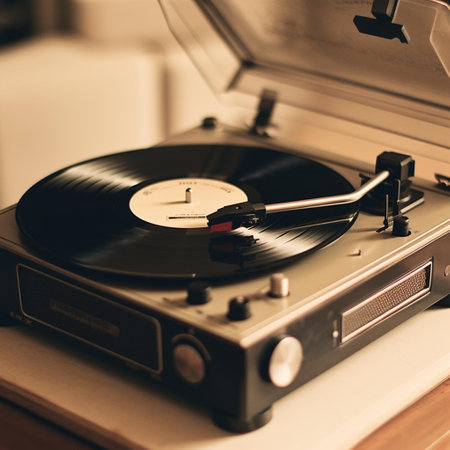 Vintage turntable with vinyl record on the table, retro tonedの素材