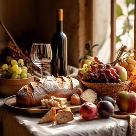 Still life with wine, bread and fruits on a rustic tableの素材