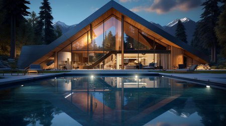 3d rendering of modern cozy chalet with pool and parking for sale or rent. Beautiful forest mountains on background. Massive timber beam columns. Clear summer night with shiny water.の素材