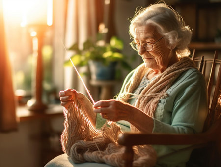 Elderly woman knitting at home. Senior lady knitting at home.の素材