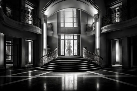 Black and white image of a stairway leading to an open doorの素材