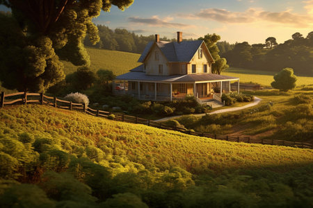 House in the field at sunset. 3d rendering. Computer digital drawing.の素材