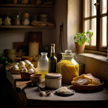 Still life with different types of pasta in a rustic kitchen.の素材