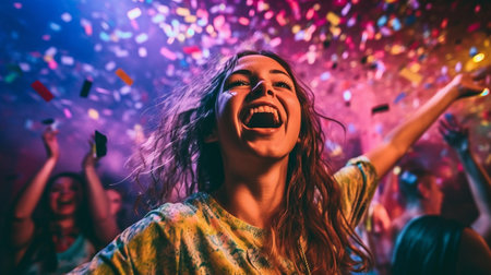 Portrait of happy young woman dancing with confetti on a nightclubの素材