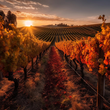 Autumn vineyard in Tuscany, Italy. Colorful vineyards at sunset.の素材