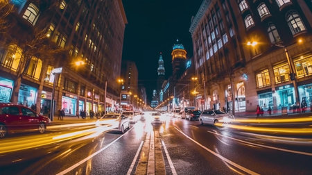 Street view of downtown Boston at night, Massachusetts, MA, USA.の素材
