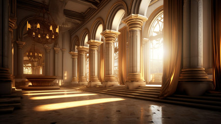 Old church interior with columns and sunlight. 3D rendering.の素材