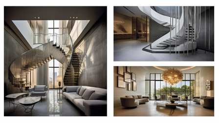 3d Illustration of a set of modern interior design with stairsの素材
