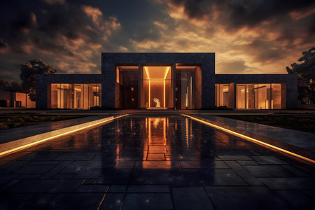 3d rendering of modern house with garage and pool at sunset.の素材