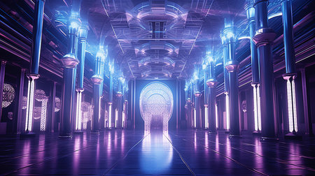 Futuristic corridor with glowing lamps and arches. 3D renderingの素材