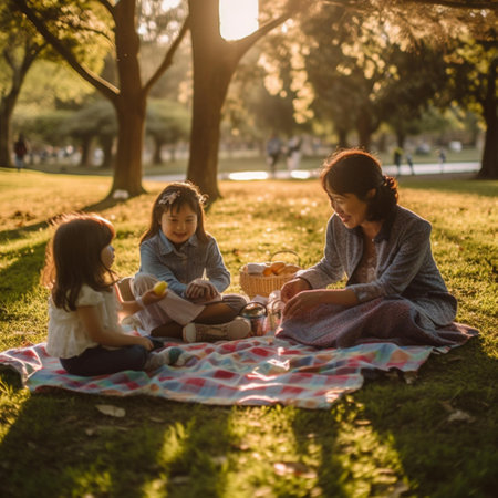 Mother and daughters having a picnic in the park on a sunny dayの素材