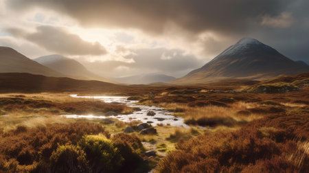 Beautiful landscape image of Scotland nature with mountains and cloudy sky backgroundの素材