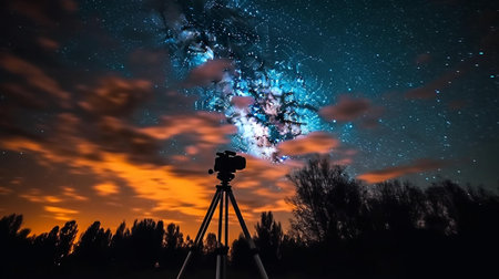 Camera on tripod against the background of the night sky with clouds.の素材