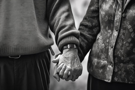 Elderly couple holding hands. Black and white photo with shallow depth of fieldの素材