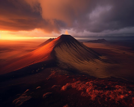 Volcanic eruption at sunrise. 3d rendering. Conceptual imageの素材