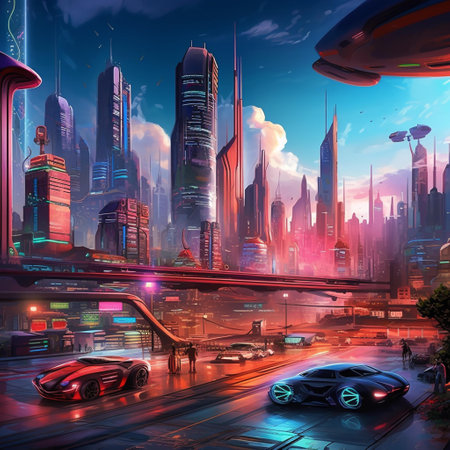 Futuristic city at night with cars and high-rise buildingsの素材