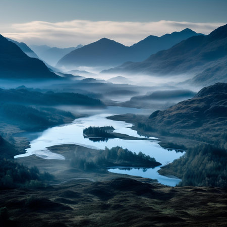 Foggy landscape with lake and mountains in the background. HDR imageの素材
