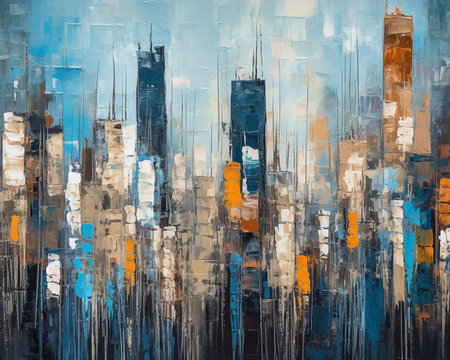 abstract painting of cityscape with skyscrapers and blue skyの素材