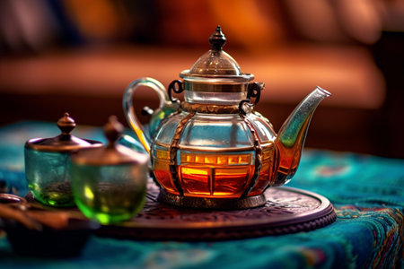Teapot on the table in oriental style. Selective focus.の素材