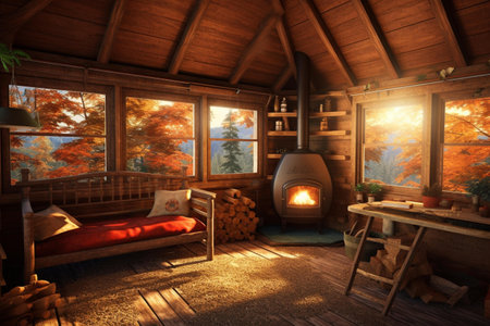 Wooden cottage with a fireplace in the autumn forest. 3d renderingの素材