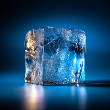 Frozen ice cube on dark blue background. Minimal style.の素材