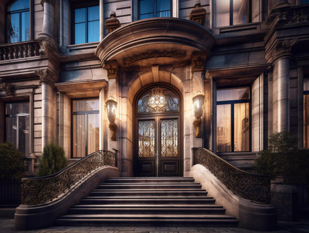 Stairs leading up to the entrance to the Royal Liver Building at night.の素材