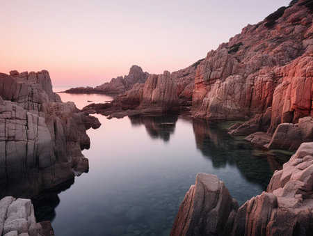 Beautiful seascape with red rocks and blue sea at sunsetの素材