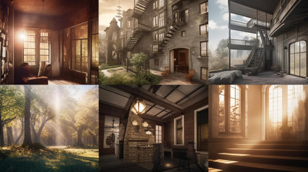 Set of vintage wooden houses in the city. Collage of photosの素材