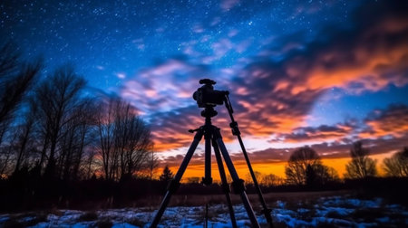 Silhouette of a camera on a tripod against the background of the night sky and the starry skyの素材