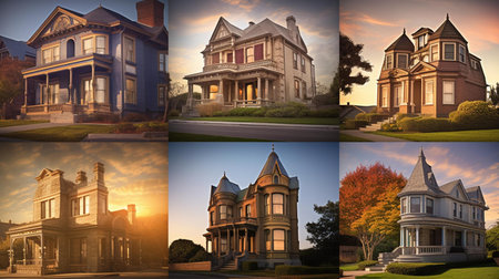 Collage of classic american houses with beautiful evening light at sunsetの素材
