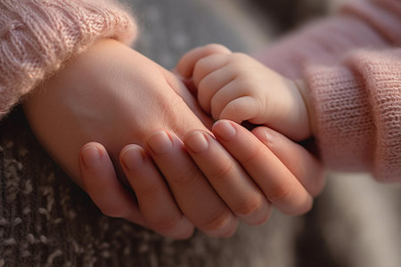 Close-up of mother and child hands holding each other with loveの素材