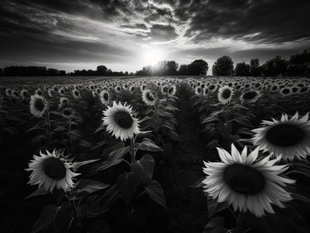 Sunflower field at sunset in Poland. Black and white photo.の素材