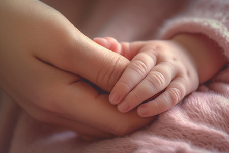 Mother holding her newborn baby hand, closeup photo with soft focusの素材