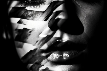 Close-up portrait of beautiful woman face with black and white makeup.の素材