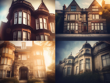 Collage of beautiful old european houses in the evening.の素材