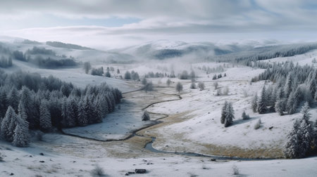 Panoramic view of snow covered forest in Carpathian mountainsの素材