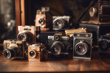 Vintage cameras on a wooden table. Retro style. Selective focus.の素材