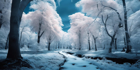 Winter landscape with snow covered trees in the forest. Blue tonedの素材