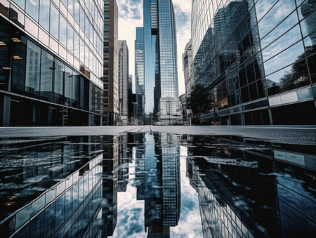 Reflection of skyscrapers in the glass of a modern office buildingの素材