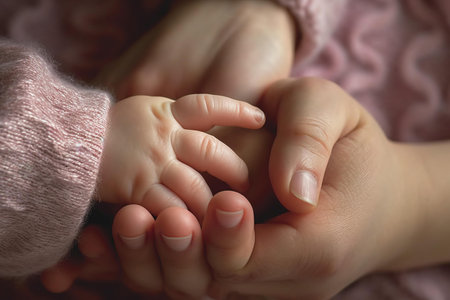 Closeup of mother and baby's hands. Mother holds the hand of her child.の素材